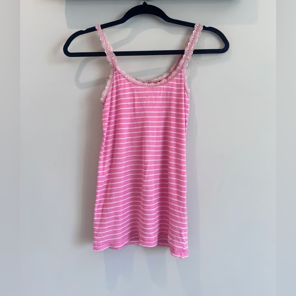 Pink Striped Lace Trim Tank Top